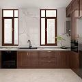 Classic Kitchen Interior With Dark Wooden Cabinets White Countertops Glass Door Cabinets And Window
