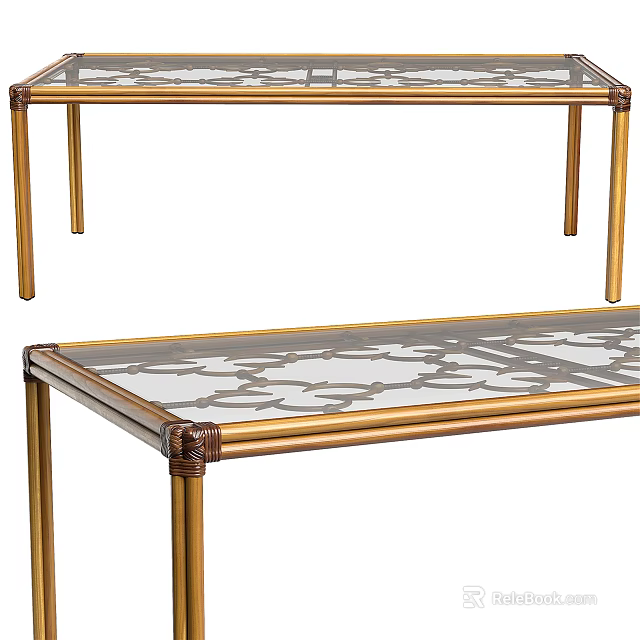 Elegant Dining Table With Gold Legs Glass Top And Intricate Pattern Design 3d model 