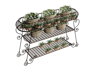 Bonsai Potted Plants on Iron Two Tier Plant Stand with Woven Baskets and Green Foliage 3d model