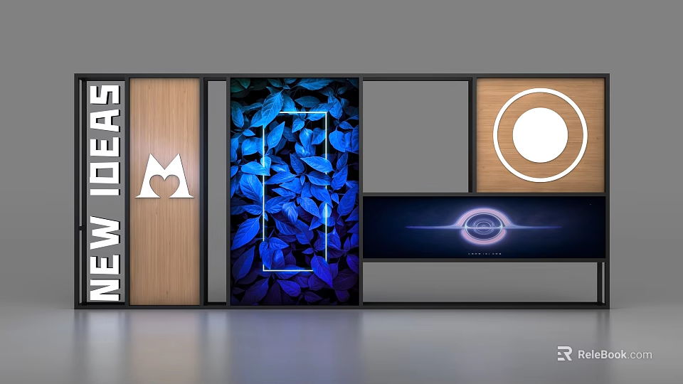 Modern Display Shelves With New Ideas Wooden Panels Blue Leaf Pattern And Circular Design 3d model 