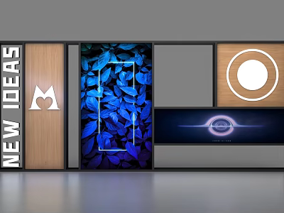 Modern Display Shelves With New Ideas Wooden Panels Blue Leaf Pattern And Circular Design 3d model