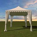 White Canopy With Scalloped Edge And Flowing White Curtains Set On Green Grass Against Sunset Sky