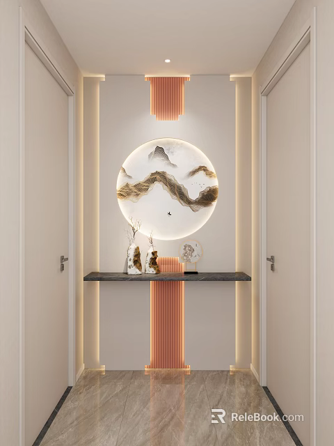 Duplex Living Room Interior Featuring Circular Landscape Painting Lighting Black Console Decor And Orange Pillars 3d model 