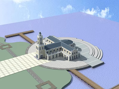 European style Building With Tower Circular Plaza And Wooden Walkway By Water 3d model