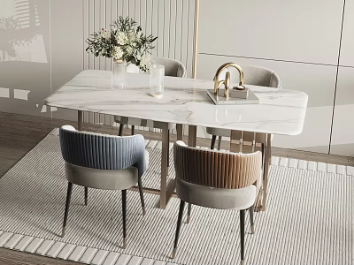 Modern Dining Table Set With Marble Top Metal Legs And Upholstered Chairs 3d model