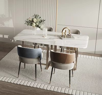 Modern Dining Table Set With Marble Top Metal Legs And Upholstered Chairs 3d model