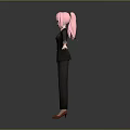 3D Female Character Model With Pink Hair Black Striped Suit Red Shoes And Outstretched Arms