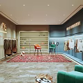 Modern Public Office Space With Stylish Seating Green Sofa Bookshelves And Area Rug