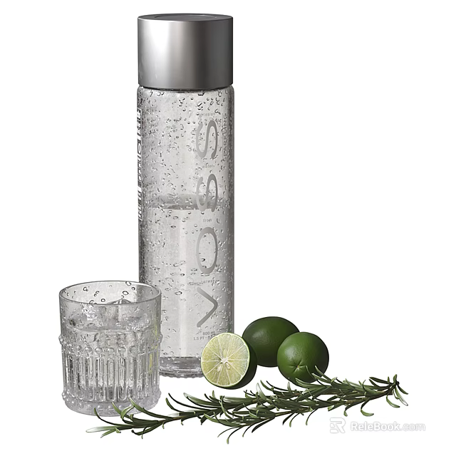 Transparent Water Bottle With Silver Lid And Glass Cup With Ice Cubes Limes And Rosemary 3d model 