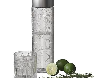 Transparent Water Bottle With Silver Lid And Glass Cup With Ice Cubes Limes And Rosemary 3d model