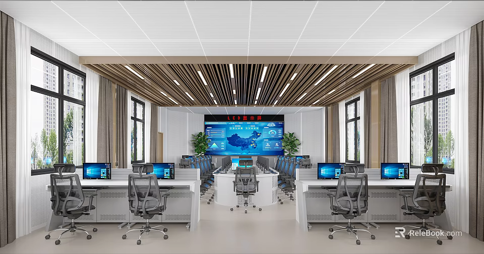 Modern Control Room Interior Design With Large Screen Displaying Map Multiple Computers And Workstations 3d model 