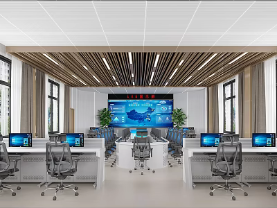 Modern Control Room Interior Design With Large Screen Displaying Map Multiple Computers And Workstations 3d model