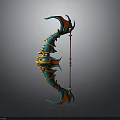 Ornate Curved Fantasy Bow With Teal Red Accents And Gold Decorative Details