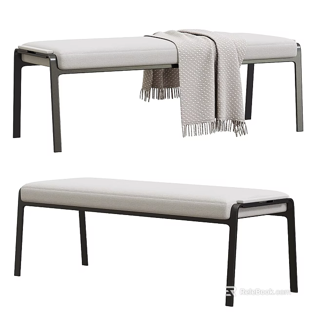 Modern Light Gray Upholstered Bench With Black Metal Frame And Throw Blanket 3d model 