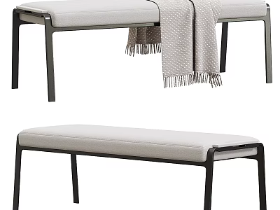 Modern Light Gray Upholstered Bench With Black Metal Frame And Throw Blanket 3d model