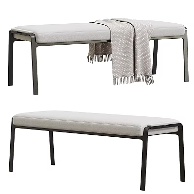 Modern Light Gray Upholstered Bench With Black Metal Frame And Throw Blanket 3d model