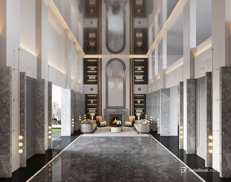 Elegant Hotel Lobby Interior Featuring Marble Floor Arched Decor Symmetrical Bookshelves And Fireplace 3d model 