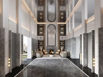 Elegant Hotel Lobby Interior Featuring Marble Floor Arched Decor Symmetrical Bookshelves And Fireplace 3d model