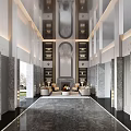 Elegant Hotel Lobby Interior Featuring Marble Floor Arched Decor Symmetrical Bookshelves And Fireplace