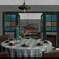 Traditional Chinese Private Dining Room With Round Table Checkered Tablecloth Red Chairs And Pendant Light