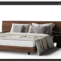 Modern Double Bed With Wooden Headboard Light Colored Sheets And Black Nightstand