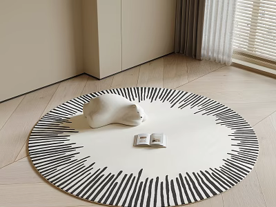 Round Carpet with Black and White Stripes on Wooden Floor White Pillow and Open Book 3d model
