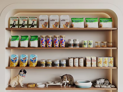 Shelf Display Of Pet Foods Snacks With Dog Cat And Bowls 3d model