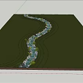 Scenic Microtopography Featuring Green Grass Trees Small Stream Stones And Distant Hills