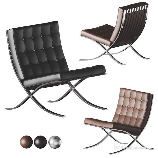 Modern Accent Chairs With Black Brown Leather And Crossed Metal Frames 3d model 