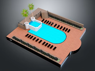 Garden Landscape Design With Swimming Pool Loungers Palm Trees And Brick Flooring 3d model