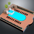 Garden Landscape Design With Swimming Pool Loungers Palm Trees And Brick Flooring