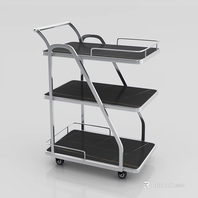 Three Tier Utility Cart With Metal Frame Black Shelves And Wheels 3d model 