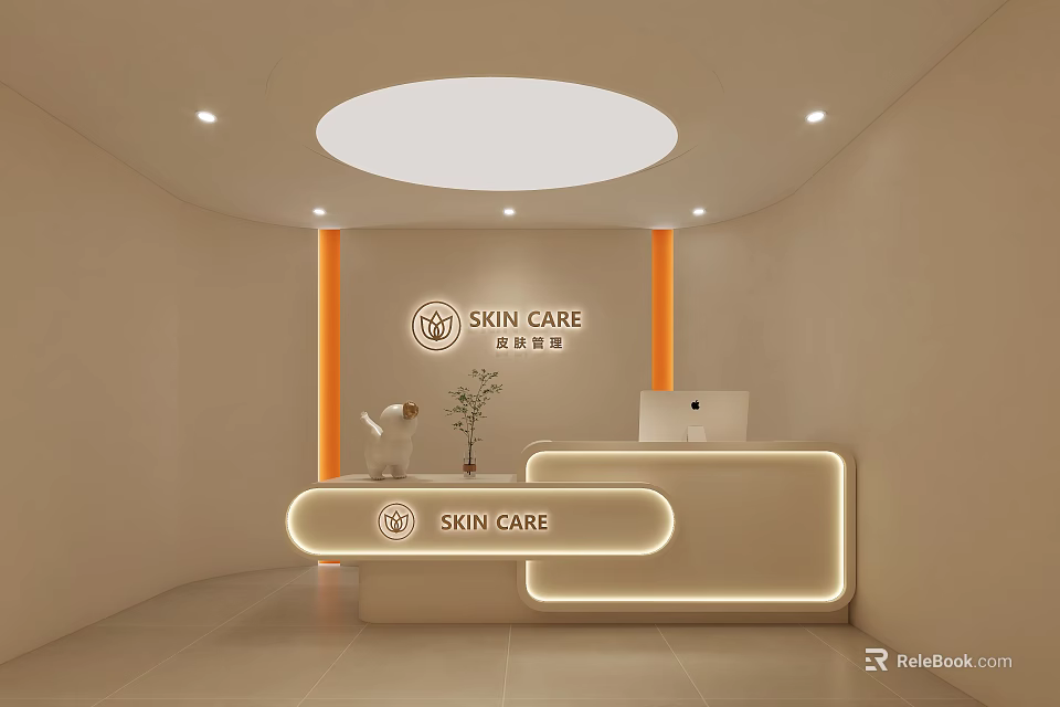 Skin Care Store Front Desk With Illuminated Design Orange Pillars And Logo 3d model 