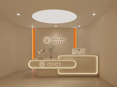 Skin Care Store Front Desk With Illuminated Design Orange Pillars And Logo 3d model