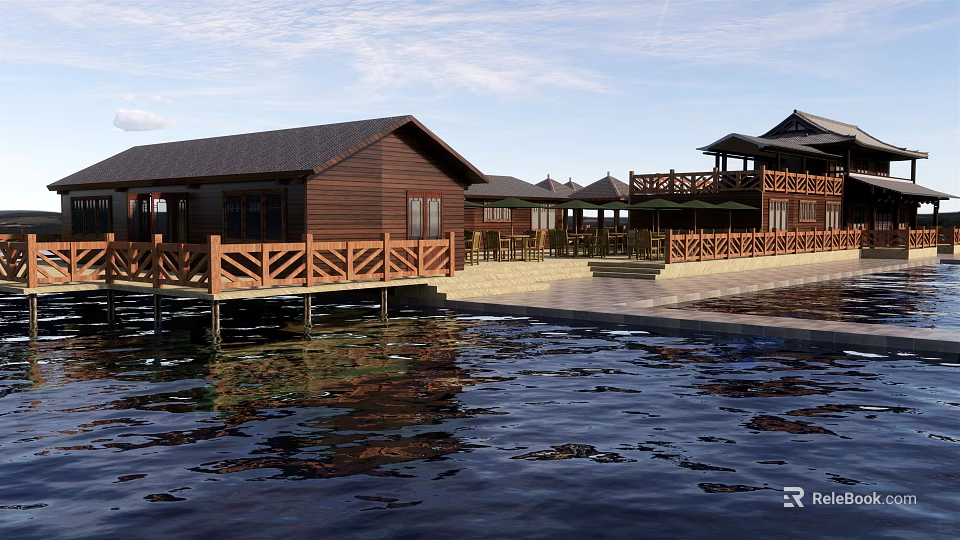 Wooden Houses On Water With Scenic Deck Railings And Calm Water Surface 3d model 