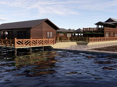 Wooden Houses On Water With Scenic Deck Railings And Calm Water Surface 3d model