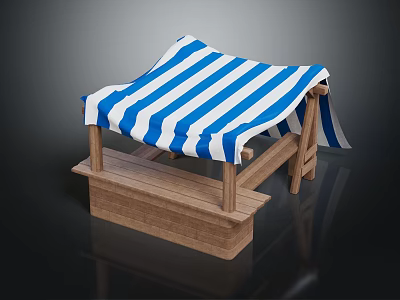Blue And White Striped Canopy Tent With Wooden Frame And Stable Base Structure 3d model