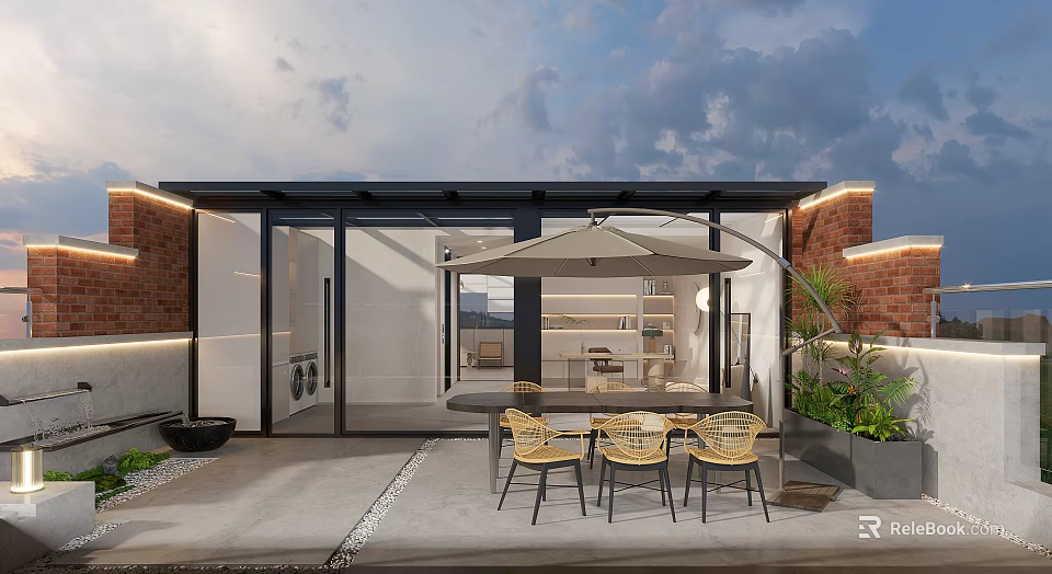 Modern Outdoor Garden Space With Glass Doors Patio Table Chairs And Umbrella 3d model 