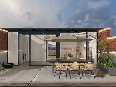 Modern Outdoor Garden Space With Glass Doors Patio Table Chairs And Umbrella 3d model