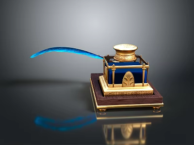 Elegant Inkwell And Quill Pen As Daily Life Supplies With Gold Decoration And Wooden Base 3d model