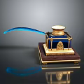 Elegant Inkwell And Quill Pen As Daily Life Supplies With Gold Decoration And Wooden Base
