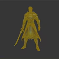 Man Wearing Shiny Blue Armor Holding Glowing Sword with Orange Gloves