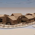 Modern Commercial Street with Wooden Buildings Blue Sky and Trees Scenic Urban Landscape