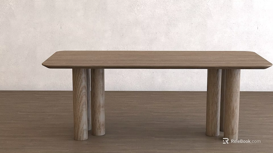 Minimalist Wooden Dining Table With Four Cylindrical Legs And Light Wood Grain 3d model 