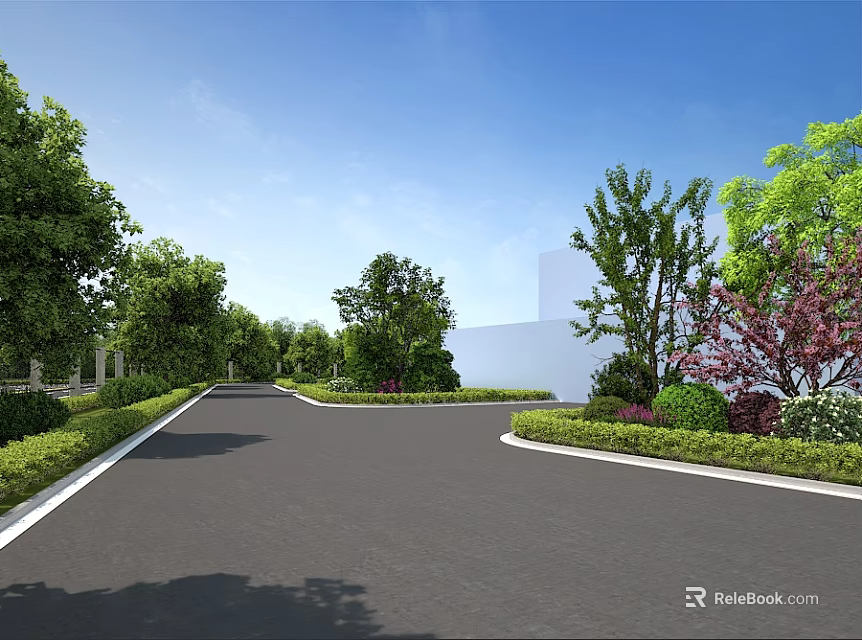 Garden Landscape Design with Curved Path Lined by Green Trees and Colorful Shrubs 3d model 
