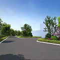 Garden Landscape Design with Curved Path Lined by Green Trees and Colorful Shrubs
