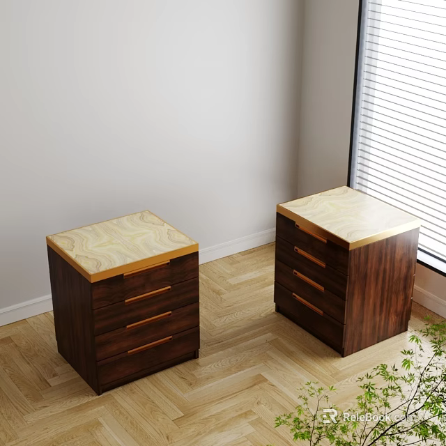 Dark Wood Bedside Tables With Light Patterned Top In Room Corner Near Window 3d model