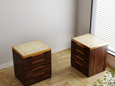 Dark Wood Bedside Tables With Light Patterned Top In Room Corner Near Window 3d model