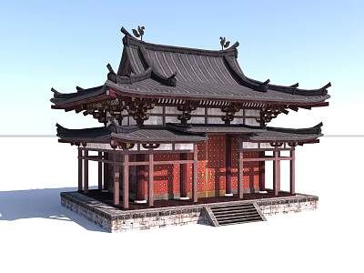 Traditional Chinese Ancient Architecture With Black Tiled Roof Curved Eaves Red Walls And Wooden Structure 3d model