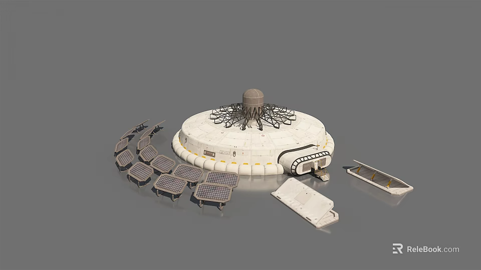 3D Futuristic Circular Architectural Model With Top Structure Surrounding Modules And Flat Panels 3d model